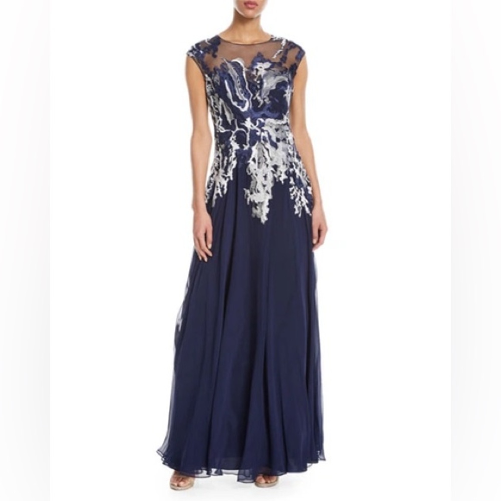 [Teri Jon] Rickie Freeman Embellished Illusion Gown in Navy